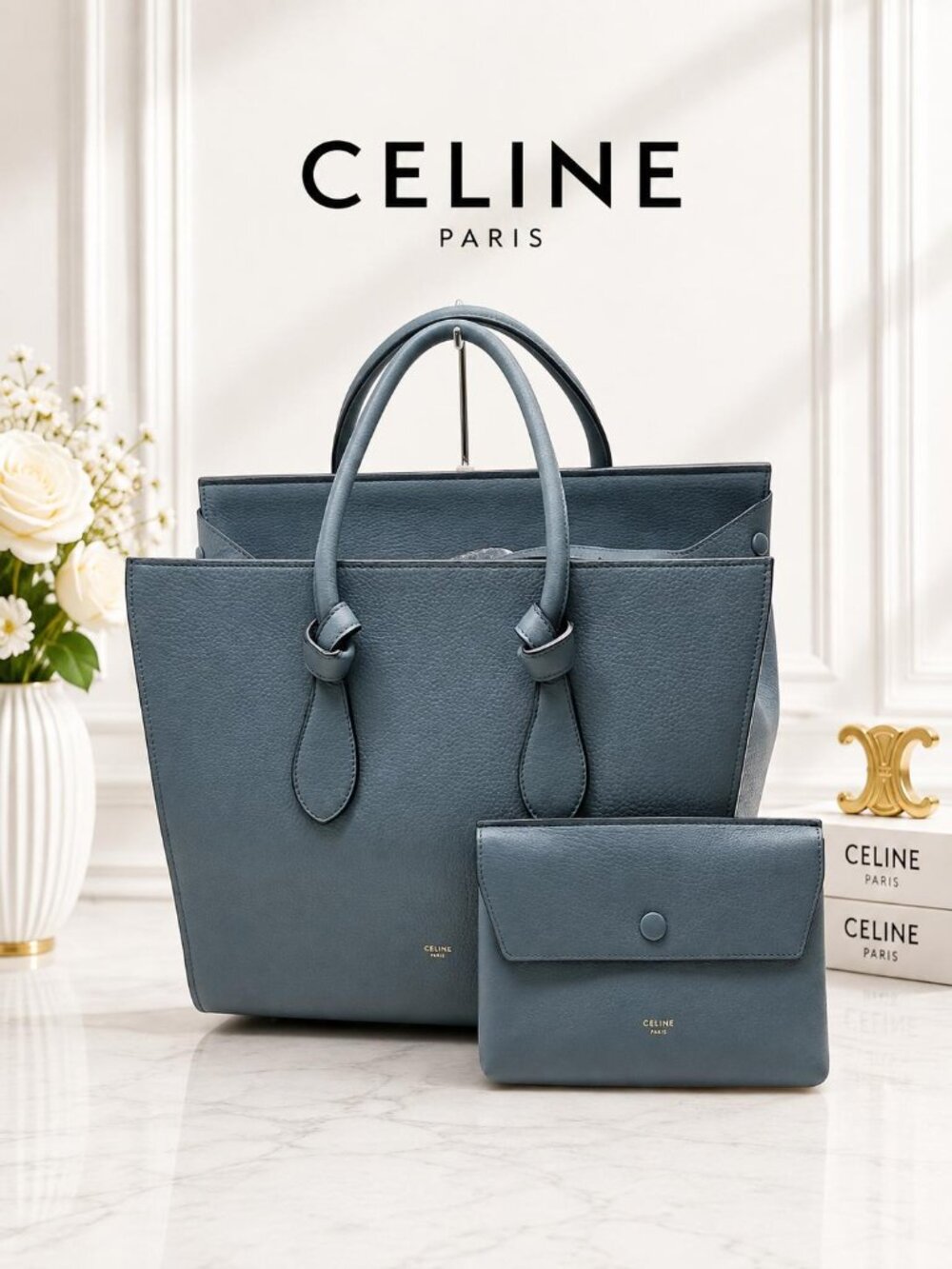Authentic Celine Tie Tote Blue Grained Leather Top Handle Handbag with Pouch